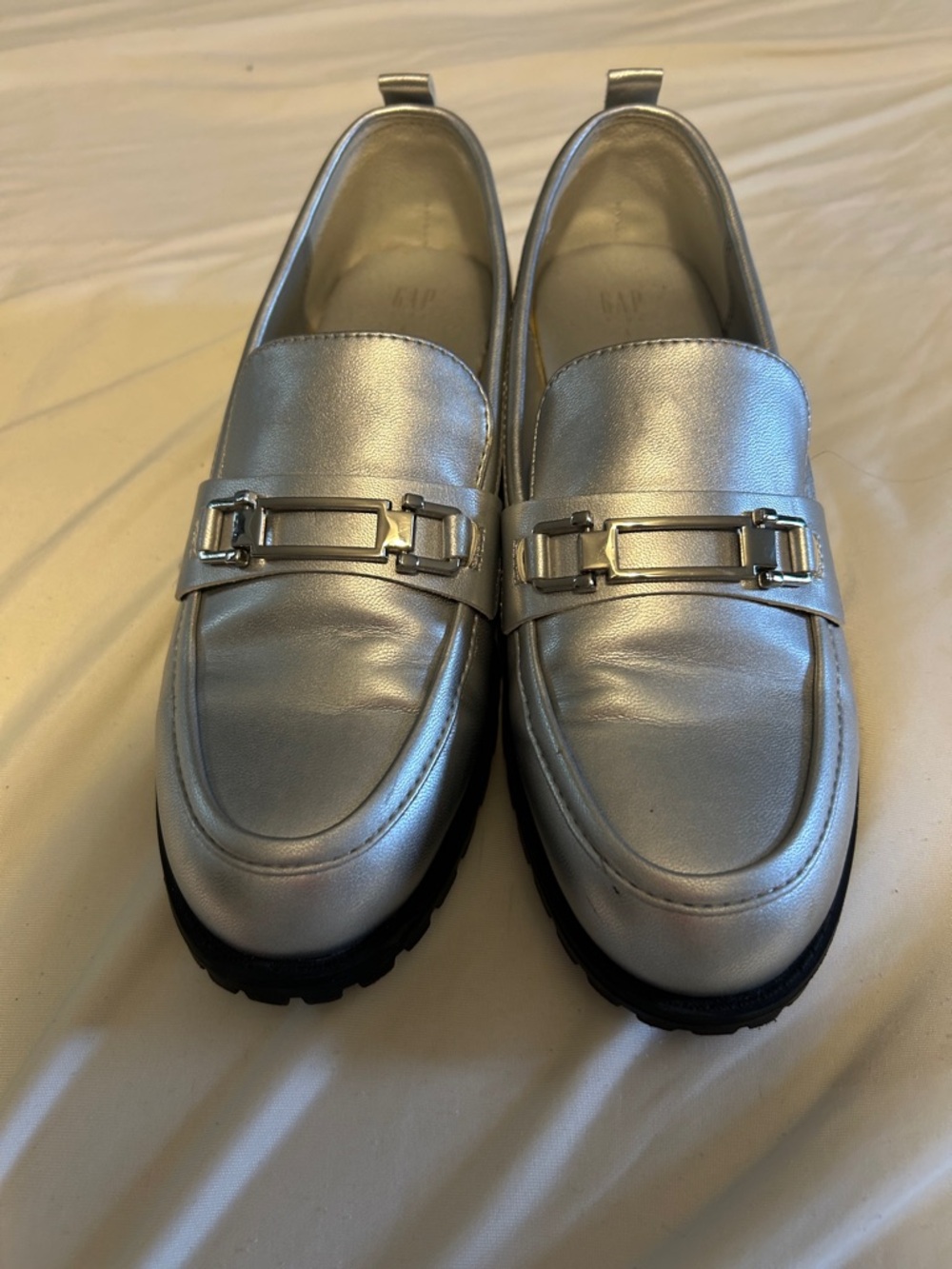 Silver Metallic Tween Girl’s/Women’s Slip-On Loafers with Buckle Accent